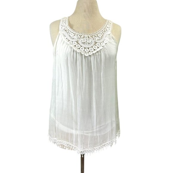 Via Signoria Womens Silk Blouse Medium Ivory Sleeveless Crochet Soft Chiffon - Picture 1 of 7